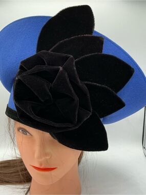 Black Velvet Flower Accent Royal Blue Felt Fascinator Hat